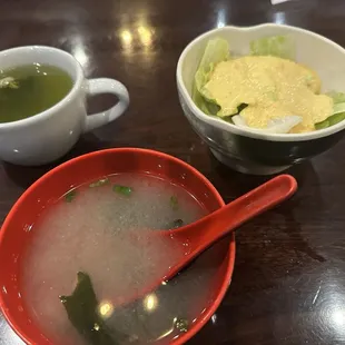 Green tea, Salad, Miso soup