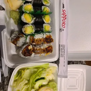 Avocado rolls x2 Sweet potato roll Side salad