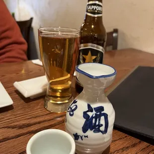 Small hot sake and Sapporo beer