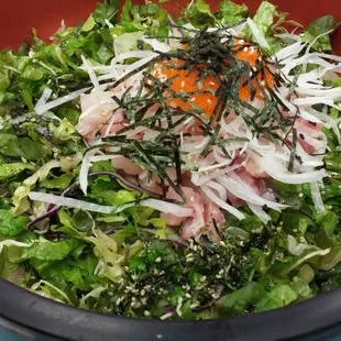 Sashimi salad bowl. Was humongous. Bowl was comparable size to my head x 2. Came with a bowl of rice and ban chan. Ate there.