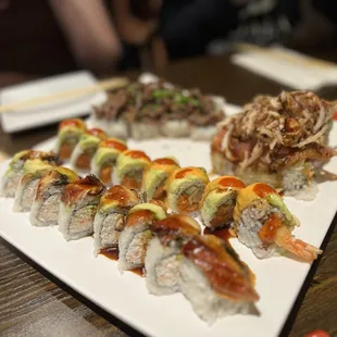 Tuna Carpaccio, Mexican, Tiger and BBQ Beef Rolls