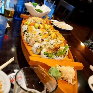 a long row of sushi