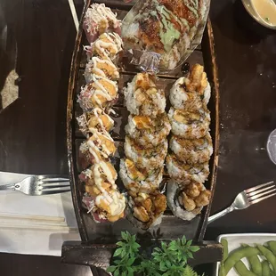 Veggie tempura roll. Cherry Blossom roll. Edamame.