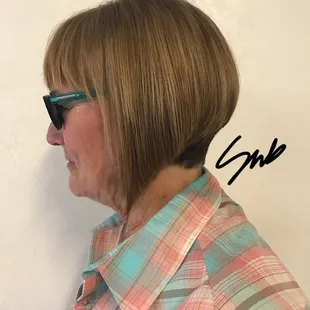 After: I have the coolest guests! Fun a-line bob with white/grey touch up and soft blended highlights.