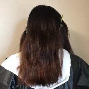 Before photo: Guest had previously lightened and colored her hair. We did a full head Balayage and colored to a beautiful deep rose color.