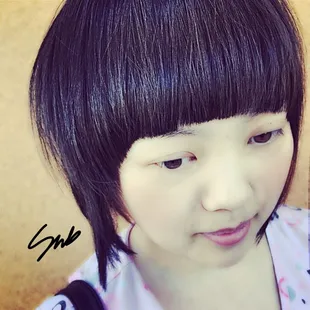 After: cute bob with strong rounded fringe