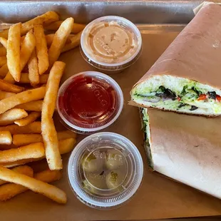 Italian Panini with Fries, and olives.