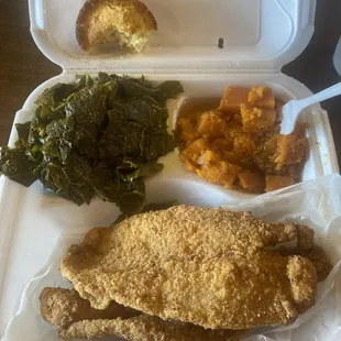 2pc catfish with collard greens &amp; yams cornbread