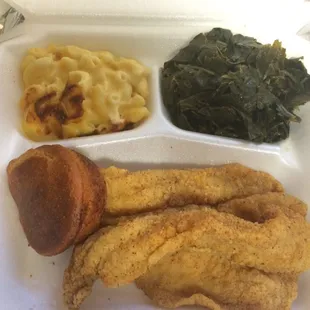 Fried catfish with macaroni and collard greens