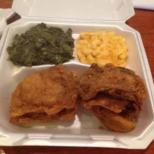 Fried chicken with Mac and cheese and greens