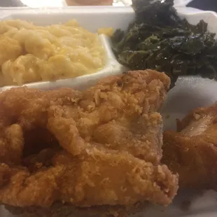 Fried chicken, mac cheese, and collards