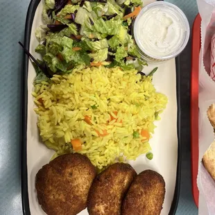 DAILY SPECIAL chicken croquettes + rice + salad