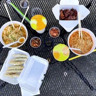 a table with a variety of food items