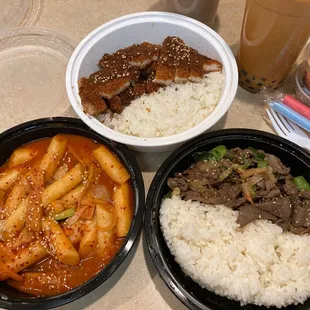 Food L to R: Tteokbokki; Don-Katsu; Bulgogi Drinks L to R: Tapioca Milk Bubble Tea; Tapioca Thai Bubble Tea