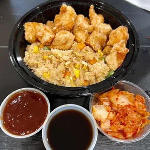 Dark Kangjung - ordered it to-go as it wasn't fully crispy and enjoyed the spicy sauce more. Decent fried rice and solid kimchi.
