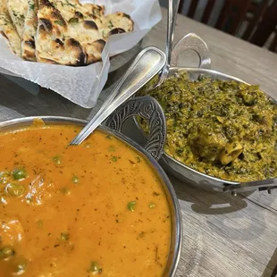 Garlic Naan, Paneer Tikka, lamb saag