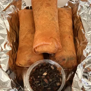 Veggie Lumpia!  OMG my son and i were fighting over these Lol! CRISPY!! Amazing this is dangerous!