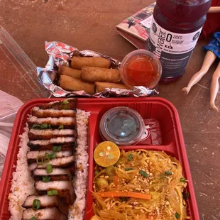 Lumpia, pancit, rice, pork