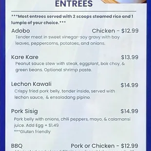 Entrée menu as of 19 January 2025