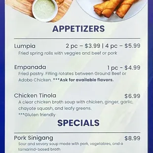 Appetizers &amp; Specials menu as of 19 January 2025