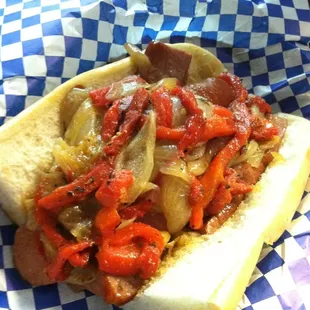 Today's special: Smoked sausage with grilled onions and red peppers
