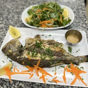 a plate of fish and a salad