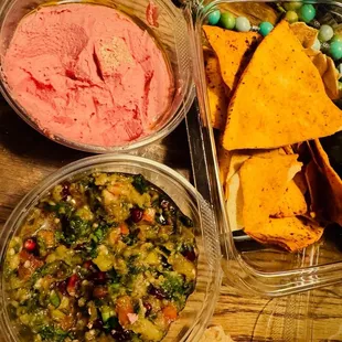 Beet hummus, eggplant with pomegranate, spicy toasted pita chips