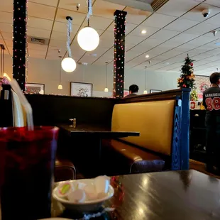 Inside dining. Holiday lights