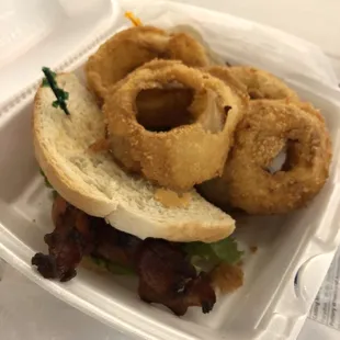 BLT with side of onion rings. Take out style.