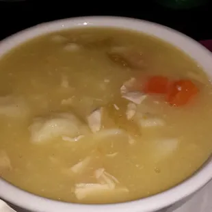 Bowl of delicious chicken dumpling soup.