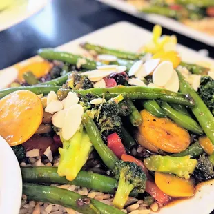 Asian Glazed Vegetables over Rice with Almonds