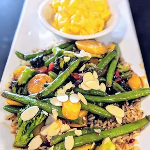 Asian Glazed Vegetables over Rice with Almonds. Mac and cheese side.