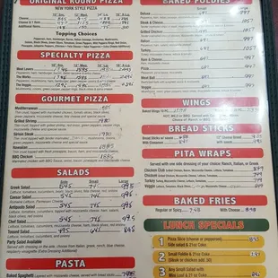 Back of regular menu