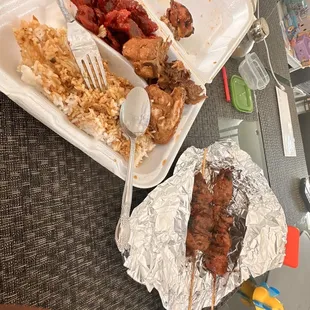 Chicken Adobo, pork tocino, and chicken bbq sticks