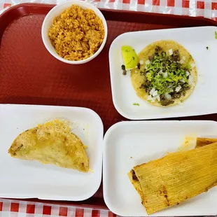 Tacos, tamale and rice