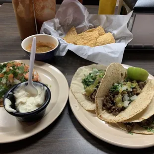 Shrimp tostada, lengua tacos