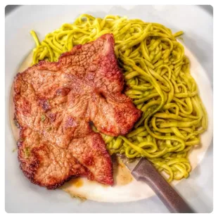 Grilled steak with pasta