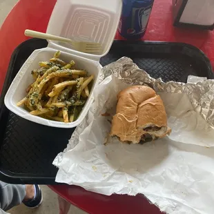 Sarks Philly cheese steak &amp; garlic fries on fire. come out and enjoy