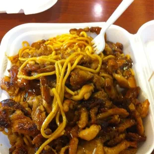 a plate of noodles and meat in a styrofoam container