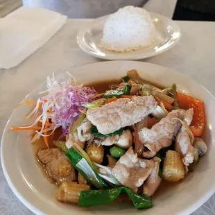Pork stir fry- medium heat with jasmine rice