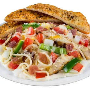 a plate of pasta with chicken and vegetables