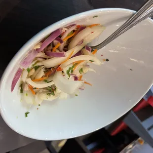 About 80% of this plate contains onions. White and red.  The dish already came in a small portions so this was a big disappointment.
