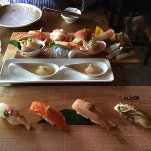 16 pcs Sashimi Tasting, Scallop Spoons, and 1/3 of the  12 pcs Sushi Tasting