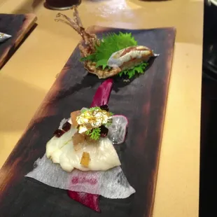 Scallop stuffed with uni as ravioli and pompano butterfish!