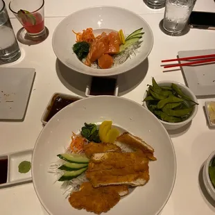 chicken katsu donburi, fresh salmon donburi, edamame