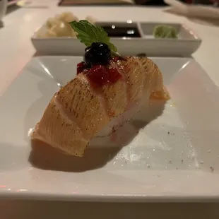 Nigiri of the week: Torched fresh salmon topped with berry compote and fresh mint