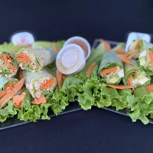 SPICY CHICKEN SUMMER ROLLS AND AVO VEGIE WITH 2 sauces each per order :)