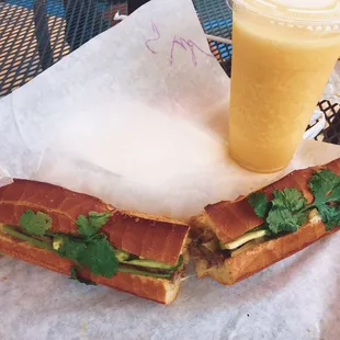 Cheesesteak banh mi and kumquat juice (easy sugar). Get this.