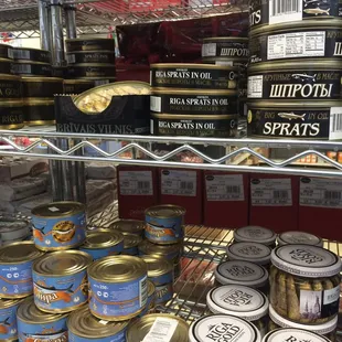 A lot of natural Russian canned fish