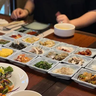 a table with a variety of food items